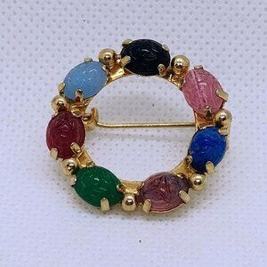 Vtg Egyptian Revival Scarab Beetle Wreath Brooch Colorful Carved Resin